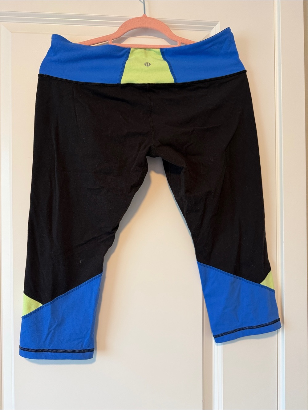 lululemon athletica Black Capri Leggings with Blue and Lime Panels